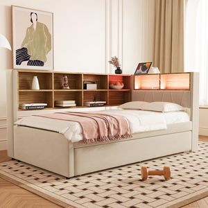 Komhtom Eenpersoonsbed slaapbank voor volwassenen 90x200 onderschuifbed 90x190 met USB-aansluiting en talrijke opbergvakken beige