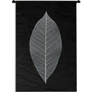 Wandkleed Planten op een zwarte achtergrond - Een afbeelding van een bladskelet in het zwart-wit Wandkleed katoen 60x90 cm - Wandtapijt met foto