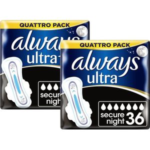 Always Maandverband Ultra Secure Night met vleugels - 72 verbanden (2x36)