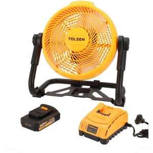 Tolsen Ventilator op Accu - 20V Li-ion - Ø 245 mm met Zwenkfunctie - Kantelbaar - Drie Snelheden - Energiezuinige Timer - USB-C Oplaadoptie- Incl. 1x 4.0Ah accu & 1x snellader