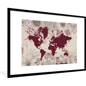 Fotolijst incl. Poster - Wereldkaart - Rood - Bloemen - 120x80 cm - Posterlijst