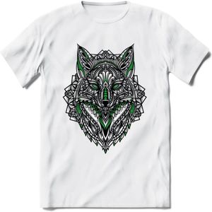 Vos - Dieren Mandala T-Shirt | Groen | Grappig Verjaardag Zentangle Dierenkop Cadeau Shirt | Dames - Heren - Unisex | Wildlife Tshirt Kleding Kado | - Wit - XL