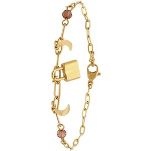 Lucardi Dames Stalen goldplated armband met slotje en maan - Armband - Staal - Goudkleurig - 19 cm