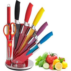 Royalty Line® COL8W Messenset Met Blok - 8 Delig Messenblok Met Draaibaar Standaard - Scherpe Messen - Vaatwasbestendig - Incl. Messenslijper en Keukenschaar - RVS