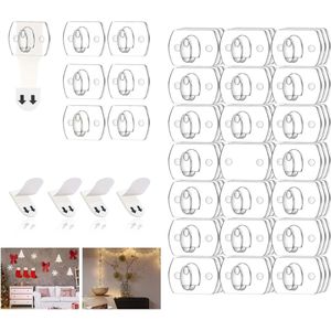 Set van 3 mini-haken voor binnendecoratie - Schadevrije kerstlichthaken met plakstrips - Doorzichtige muurclips voor hangende lichten, kerstdecoratie en kabels - 60 clips en 60 strips