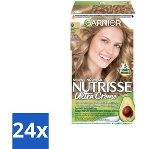 24 x Garnier - Nutrisse Ultra Crème 8 - Haarkleuring - Lichtblond - Intens Voedend - Permanente Kleur - Haarverf - Blonde Haarkleur - Permanente Haarkleur - Voedende Haarkleuring - Grijsdekking