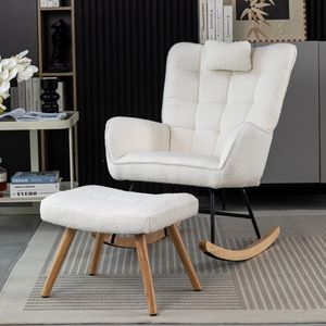 Sweiko Schommelstoel met kussen en hocker, onderstel van rubberhout, loungestoel met hoge rugleuning