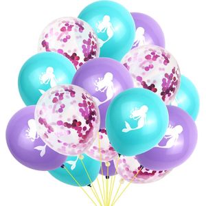 Ballonnen Zeemeermin verjaardag versiering set 15 stuks zeemeermin ballonnen in paars, aquamarine en roze met papieren confetti