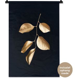 Wandkleed Golden leaves staand - Gouden tak met bladeren op een zwarte achtergrond Wandkleed katoen 60x90 cm - Wandtapijt met foto