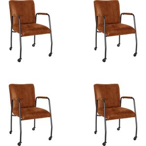 Bronx71® Eetkamerstoel met wieltjes Mila eco-leer cognac - Eetkamerstoelen set van 4