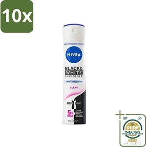 10 x Nivea - Deodorant - Spray - Black & White Invisible Clear - Anti-Transpirant - 150 ml - Grootverpakking - Deodorant Spray - Anti-Transpirant - 48 Uur Bescherming - Geen Vlekken Op Kleding - Witte Strepen