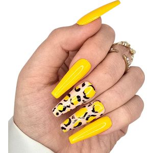 SD Press on Nails - B-265 - Plaknagels met nagellijm - XL Coffin - Geel Leopard - Set 20 Nagels - Cosplay - Nepnagels - Valse Nagels - Extreem lange nageltips - Nail Art - Handgemaakt - Zwarte Nagels