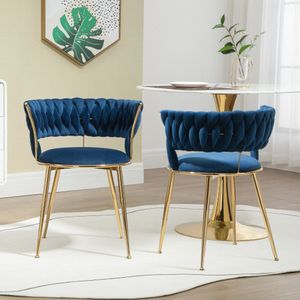 Zacht fluwelen eetkamerstoel 2-delige set - Zacht gestoffeerde comfortabele woonkamerstoel - Make-up kamer/slaapkamer Moderne vingervormige rugleuning met armleuningen - Holle kapstoel - Marineblauw