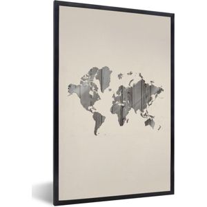 Fotolijst incl. Poster - Wereldkaart - Houten plank - Grijs - 40x60 cm - Posterlijst