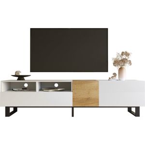 Merax Moderner TV-Schrank, Weiß- und Holzoptik, 180 x 50 x 38 cm, Minimalistisches Design
