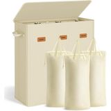 SONGMICS wasmand met 3 compartimenten, 160 L, met deksel, 5 labels, verwijderbare en wasbare binnenzak, wasruimte slaapkamer, crèmewit RLH013W01