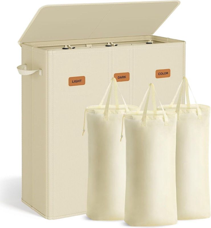 SONGMICS wasmand met 3 compartimenten, 160 L, met deksel, 5 labels, verwijderbare en wasbare binnenzak, wasruimte slaapkamer, crèmewit RLH013W01