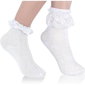 Allecto plus - Witte kanten damessokken met ruches - Set van 2 - Zacht katoen - Schattig design - Meisjes balletsokken