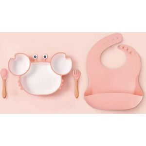 Silicone kinderservies met een zuignap onder het bord - 4 delig - roze - baby servies set  - kinderbestek - kinderbord - baby servies - baby bestek - krab