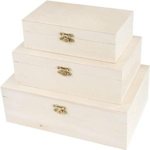 Houten boxenset rechthoekig met deksel en metalen sluiting - set van 3 stuks