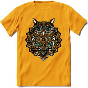 Uil - Dieren Mandala T-Shirt | Lichtblauw | Grappig Verjaardag Zentangle Dierenkop Cadeau Shirt | Dames - Heren - Unisex | Wildlife Tshirt Kleding Kado | - Geel - XXL