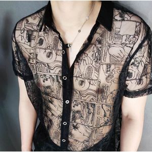 Luxe geborduurde clubwear blouse - Handgemaakt - Transparant overhemd - Knoopjes - BDSM - Erotische mannen kleding - Kraag