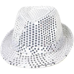 Feest hoedje - Fedora hoed - Gleufhoed - Verkleedhoed - Verkleedkleding - Heren - Dames - Hoofdomtrek 58 cm - Pailletten - Zilver