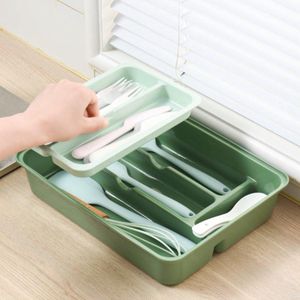 Kleurrijke besteklade organizer - 2-delige set dienblad voor keukengerei - compacte plastic container voor lepels, vorken en messen - blauw