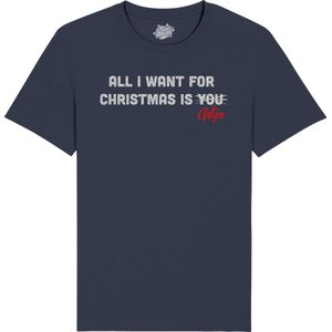 All i want for Christmas is wijn - Foute Kersttrui Kerstcadeau - Dames / Heren / Unisex Kleding - Grappige Kerst Outfit - Glitter Look - T-Shirt - Unisex - Navy Blauw - Maat XXL