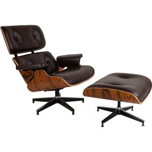 Lounge Chair + Hocker - XL - Mokka Bruin - Leer - Fauteuil - Palissander - Stoel - Relaxfauteuil - Set