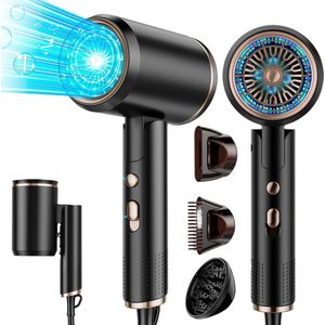Ynkkvre - Fohn - Haardroger Ionen - Vouwbare - 2400 W - met 3 stylingmondstukken en 6-versnellingsregeling - opvouwbare haardroger - Zwart