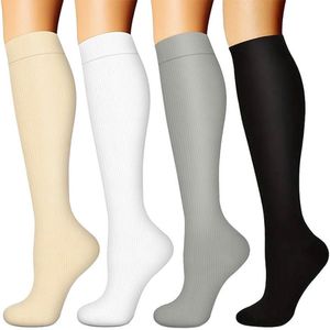 4-compressie sokken voor vrouwen - Sportcompressiekousen - Lange compressiekousen voor dames - vrouwen compressiekousen - Rekbare compressiekousen - voor hardlopen, atletische, reizen-Beige/wit/grijs/zwart*1-L/XL