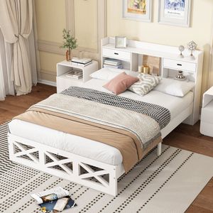 Sweiko Houten bed met panelen, Tweepersoonsbed met houten lattenboden, met opbergfunctie, MDF, Wit, 140x200cm