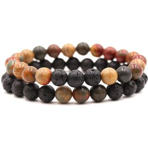 Bixorp Gems Dubbele Natuursteen Armband voor Man & Vrouw - Oranje/Zwart contrast - Edelsteen Armband Cadeau - Lavasteen - 22cm