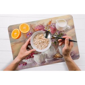 Placemat - Placemats kunststof - Schilderij - Bloemen - Vaas - Olieverf - 45x30 cm - 6 stuks - Hittebestendig - Anti-Slip - Onderlegger - Afneembaar