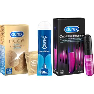 Durex - 10 stuks Condooms - Nude XL - 110 ml Glijmiddel - Intense Orgasm 10ml - Play Sensitive 100ml - Voordeelverpakking