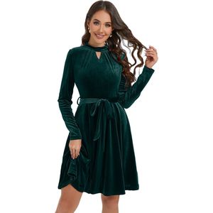 Fluwelen Jurk Voor Dames, Korte Elegante Satijnen Cocktailjurk, Lange Mouwen, Rockabilly A-Lijn Feestelijke Jurk Met Riem Donkergrijs XL