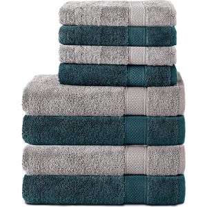 Set van 8 handdoeken van 100% katoen, 4 badhanddoeken 70x140 en 4 handdoeken 50x100 cm, badstof, zacht, groot, zilver/petrol