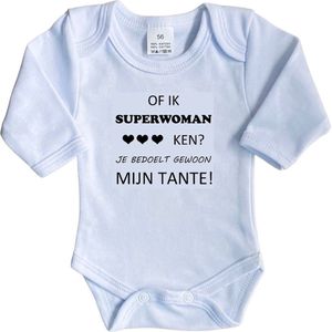 La Petite Couronne Romper Lange Mouw ""Of ik Superwoman ken Je bedoelt gewoon mijn tante"" Unisex Katoen Wit/zwart Maat 56