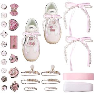 Allecto Plus - Schoenbedels met parels en strikken, satijnen veters, kant en clips, 26 stuks voor dames. Decoratieve sneakersieraden en accessoires voor doe-het-zelf schoendecoratie.