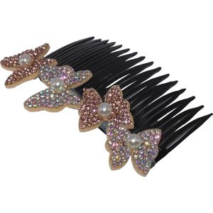 Haarkam-Zijkam zwart met strass vlinders 2x goud 2x zilver grof middel
