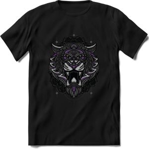 Tijger - Dieren Mandala T-Shirt | Paars | Grappig Verjaardag Zentangle Dierenkop Cadeau Shirt | Dames - Heren - Unisex | Wildlife Tshirt Kleding Kado | - Zwart - M