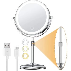 Lumos Make-Up Spiegel - Verstelbaar - 10x vergroten - chroom - Oplaadbaar - 3 Kleuren - Dimfunctie - Scheerspiegel Rond