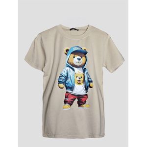 Kinder T-shirt met beer – beige – Maat 98/104 – 95% Katoen – Streetwear - Bear - sneakers - Stoer