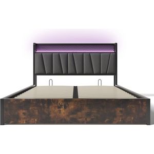 Merax Gestoffeerd Metalen Bed 140x200 cm met Matras - Tweepersoonsbed met LED Verlichting en USB Aansluiting - Grijs