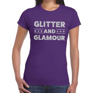 Glitter and Glamour zilver glitter tekst t-shirt paars dames - zilver glitter and Glamour shirt L