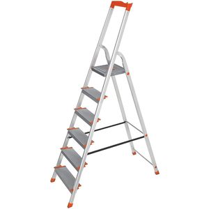 Mara Aluminium Ladder Met 6 Treden - Ladders - Werkladder - Huishoudladder - Met Gereedschapsbak - Zilver/Oranje