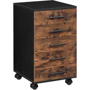 TRANKIELO® - Vintage Archiefkast met 5 Laden – Rolcontainer – Houten Bureaukast – Industriële Stijl – Donkerbruin en Zwart