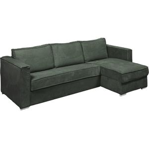 Vente-unique Omkeerbare express-hoekslaapbank van groen ribfluweel - Bed 140 cm - Matras 14 cm LORETO L 278 cm x H 90 cm x D 152 cm