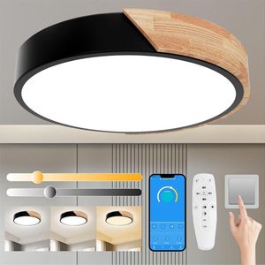 Dimbare houten plafondlamp - 3000 K-6000 K - LED afstandsbediening - 32 W - moderne lamp - woonkamer slaapkamer - hal 30 cm zwart